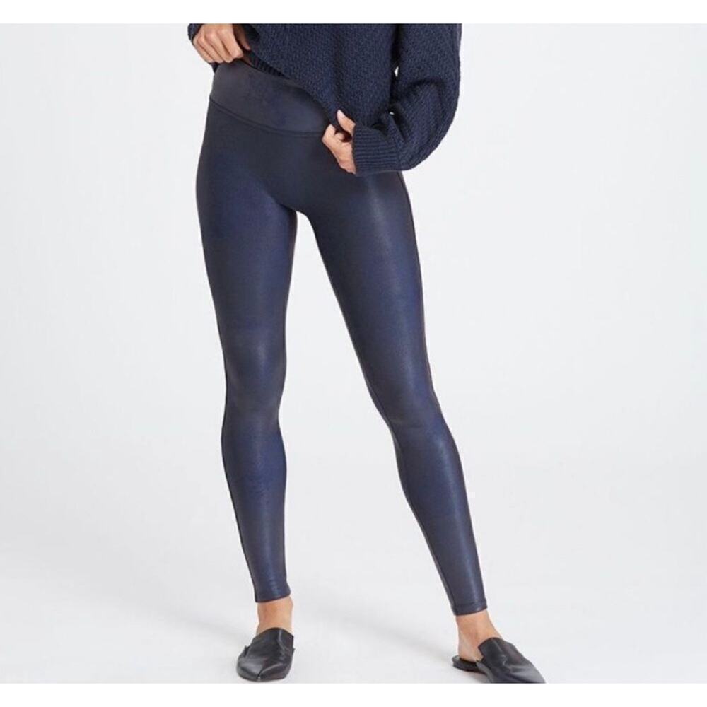 Spanx Faux Leather Leggings High Waisted Smoothing Sleek Dark Blue Size Large